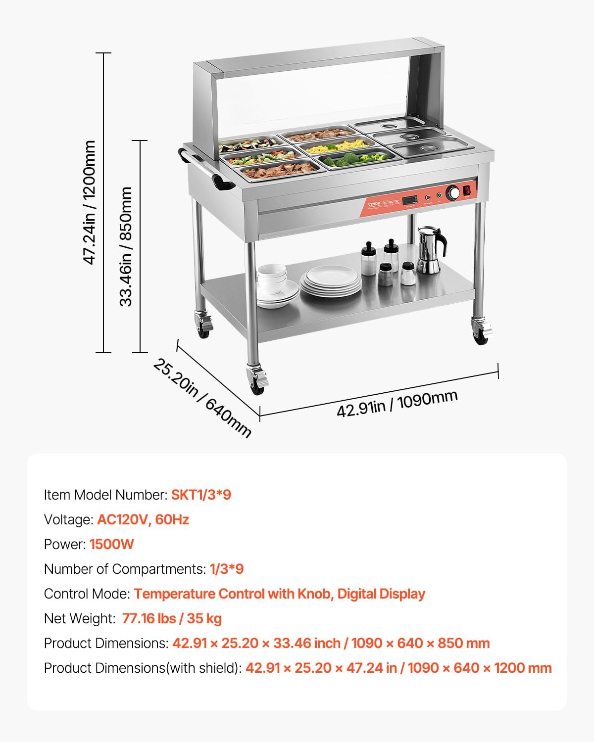 Diagram showing the full dimensions of the VEVOR 9-Pan Commercial Food Warmer, including height, width, and depth, both with and without the sneeze guard.