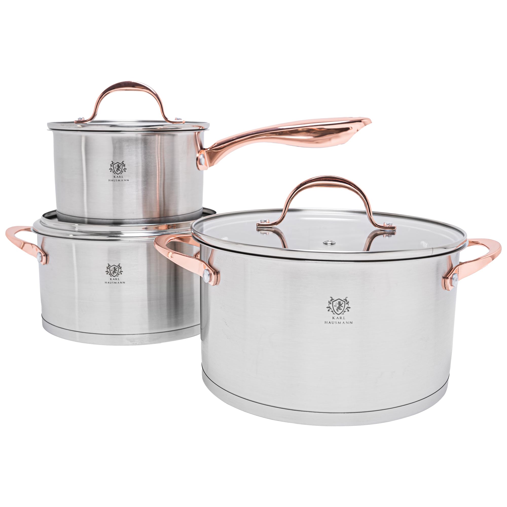 KARL HAUSMANN Lot de 3 Casseroles Induction Inox - Avec Couvercle Verre - Sans Revêtement - Compatibles Cuisinière, Gaz, Électrique - Graduation Intégrée - Set Casserole Tout Feux Cuisine