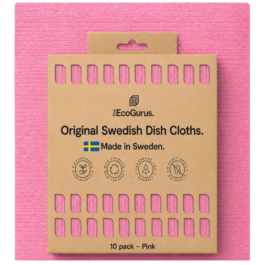 The EcoGurus 10 Pack Odour-Resistant Reusable Cleaning Cloths | Original Swedish Dishcloth | Made in Sweden | Suitable for All Surfaces | Biodegradable Cellulose Sponge | Kitchen & Bathroom | Pink