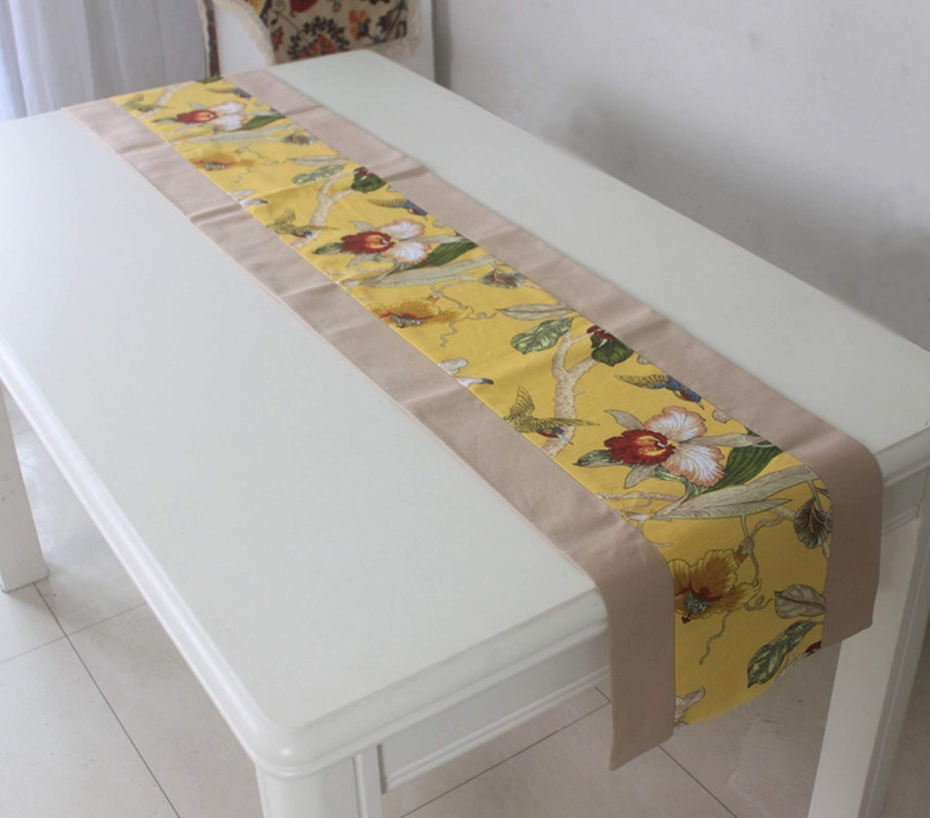 Runner da Tavolo, Runner Autunnale 200 Giallo Cachi Tela di Cotone Fiori e Uccelli Idilliaci Runner Tavola Decorazioni Autunnali 32x200cm