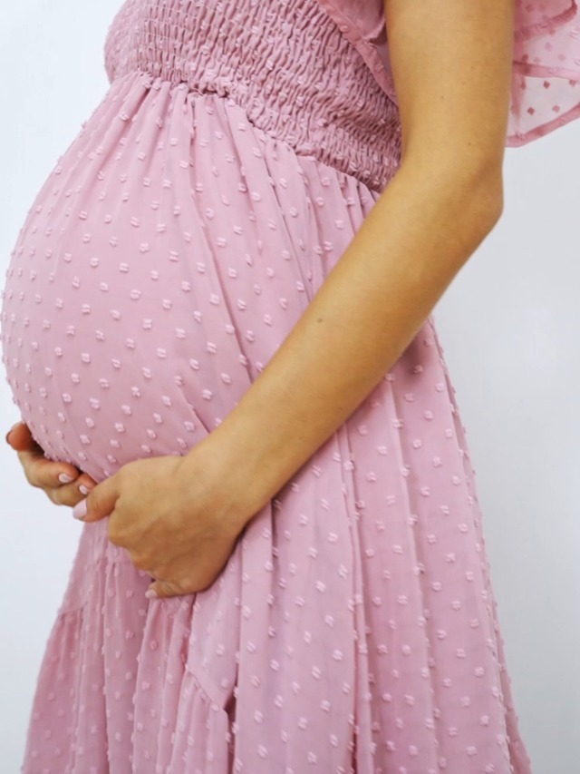 Swiss Dot Smocked Maternity Dress for Baby Shower Photoshoot Casual V Neck  Ruffle Sleeve Empire Waist Tiered Boho Dress B Blue at Amazon Women's  Clothing store