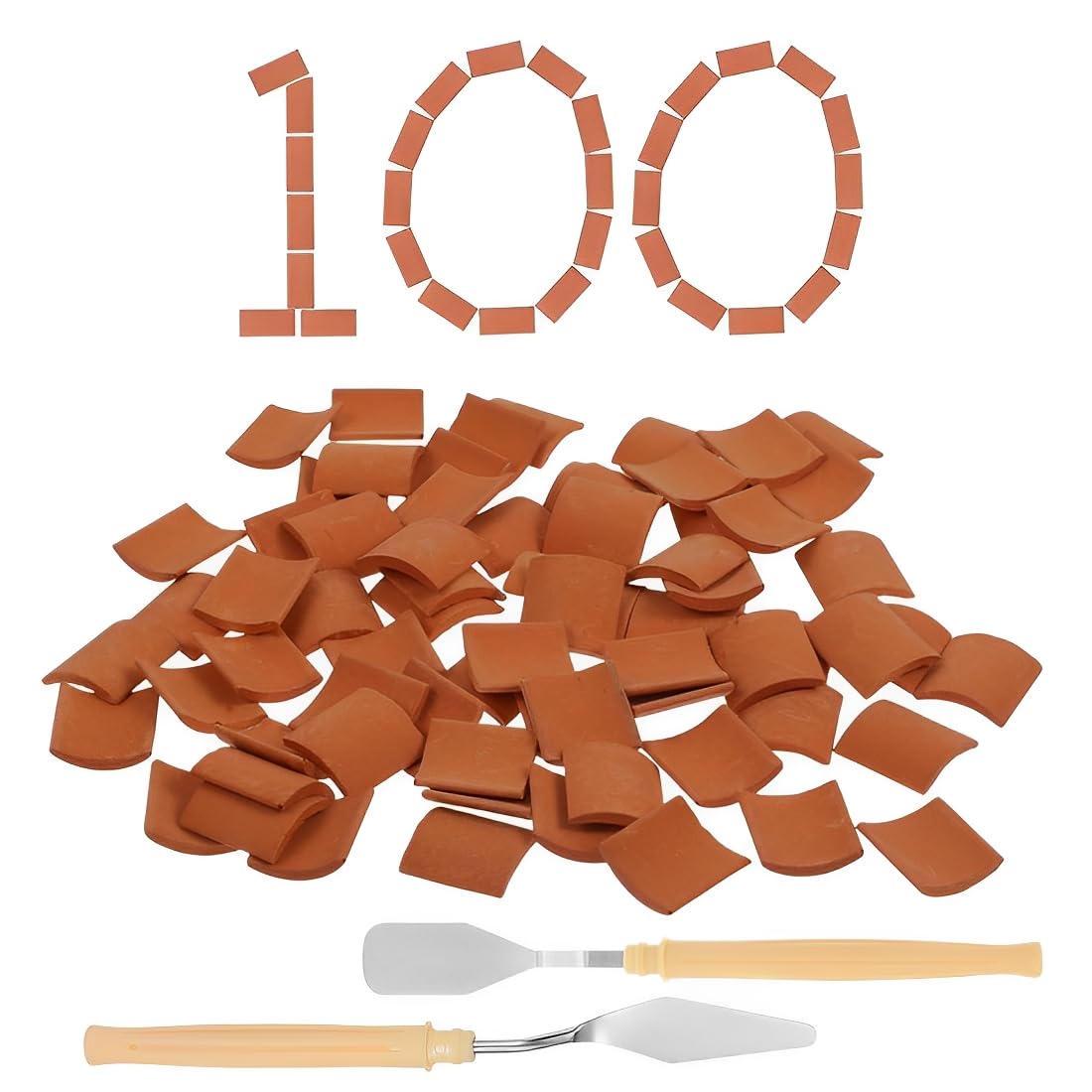 IKOPFLN 100pcs Tegole per Tetti Tegole in Miniatura 1:16 Mini Piastrelle nel Miniatura Rosse per Micro Paesaggio, Fai da Te Casa delle Bambole in Mattoni Con 2 mini spatole