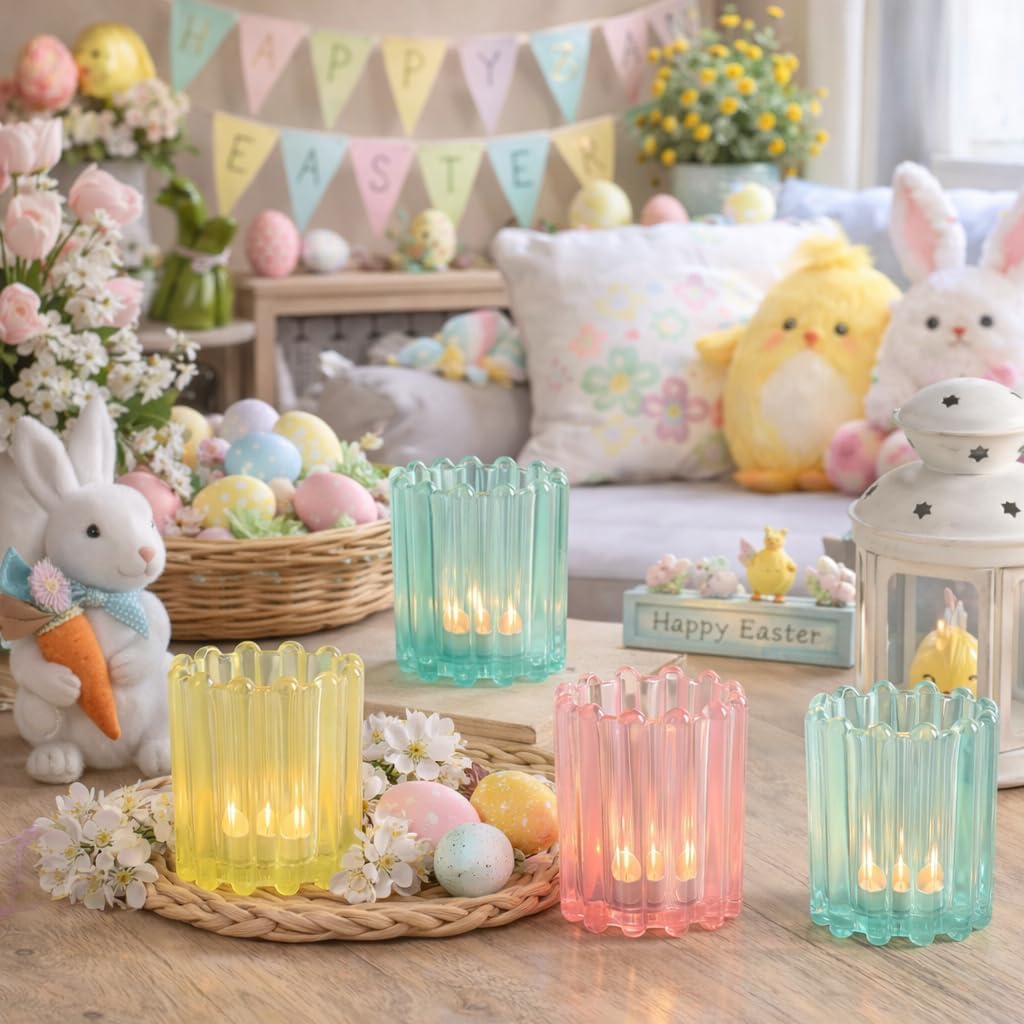 HAVITI Szklany różowy świecznik wotywny, niebieski baby shower, prążkowane świeczniki wotywne, zestaw 12 sztuk, różne kolory, na ślub, dekoracja stołu, kolacji
