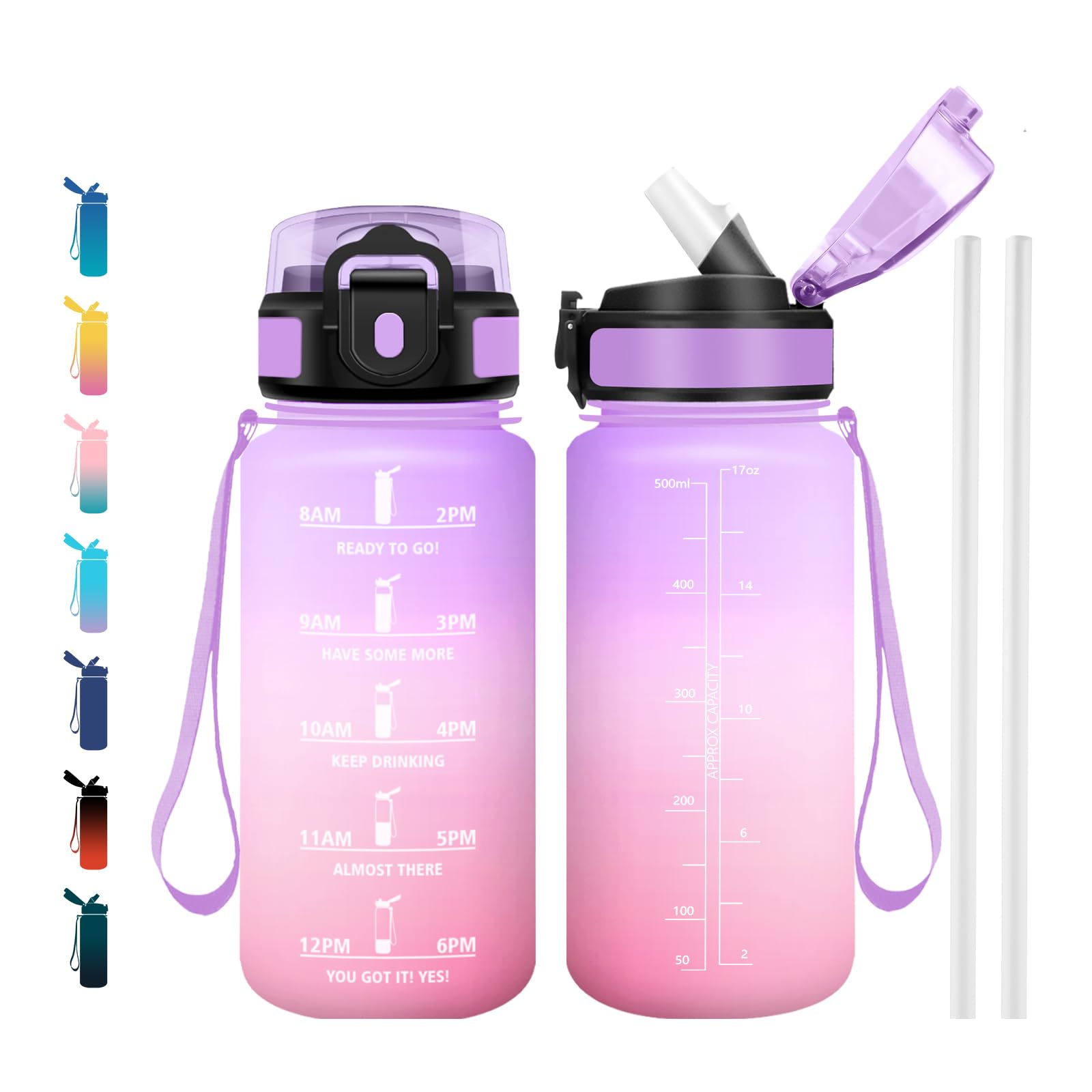 Cantimplora 500ml, Sin BPA con Marcador de Tiempo, Botella con Pajita, Botella de Agua para Running, Cámping, Oficina, Bicicleta, Fitness — view 34