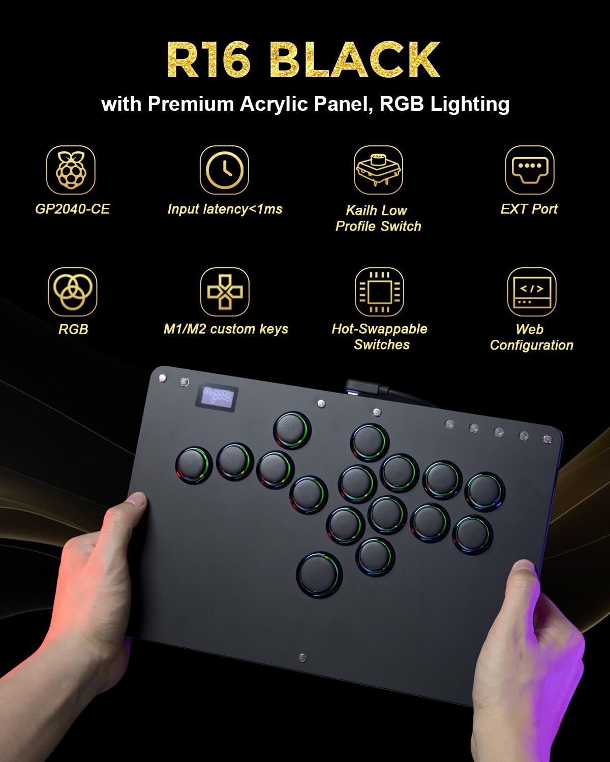 JZW-Shop Haute42 Arcade Stick R16, All-Button Arcade Controller for Switch/PC/PS4/PS3 /Steam Deck, Slim Arcade Fight Stick Game Keyboard with Turbo & Custom RGB, Supports Hot-Swap & SOCD (R16black)
