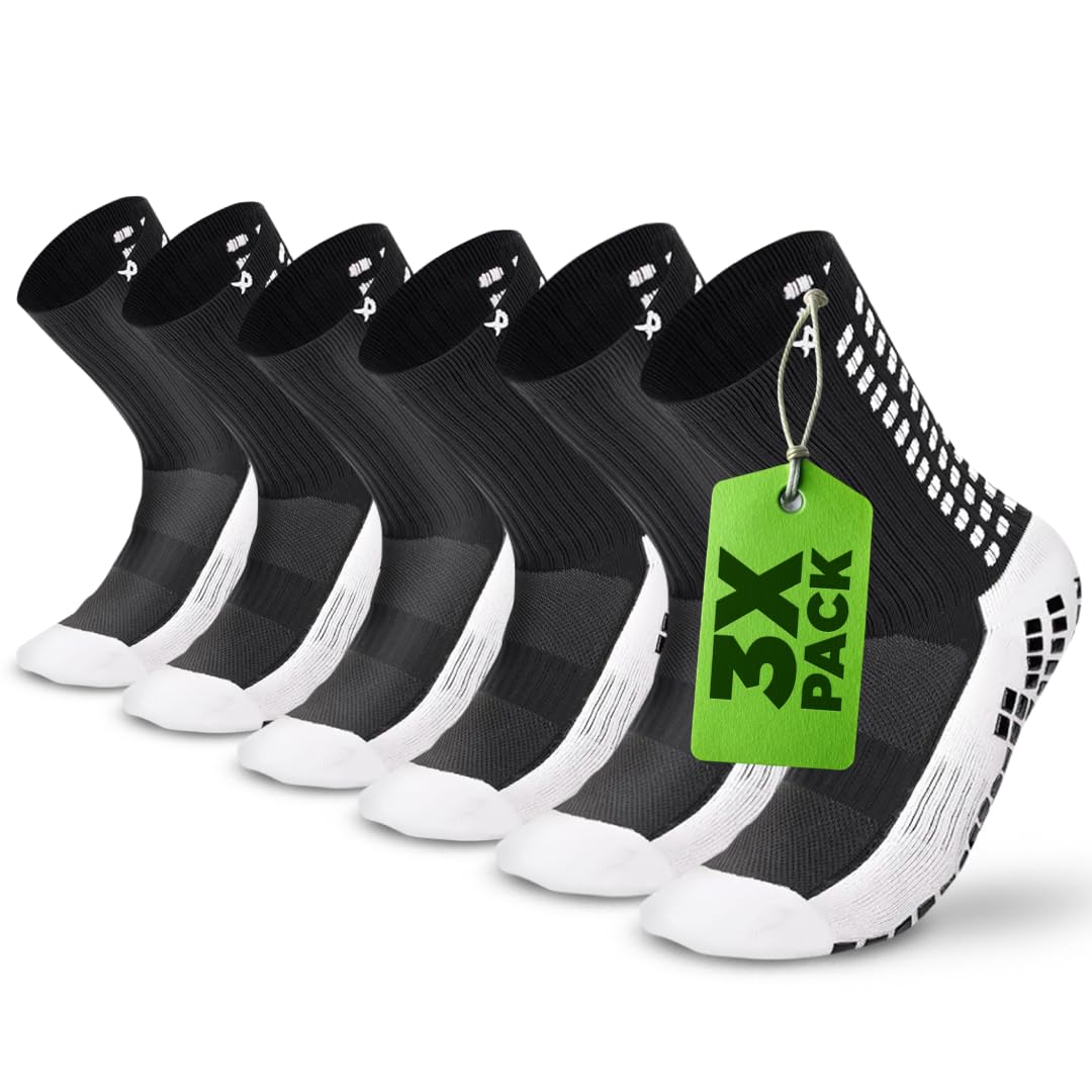 LUX Sports Grip Socks - Large, Black, 3 Pack, Crew - Non Slip Socks for Soccer & Football Boots - Soccer Accessories
