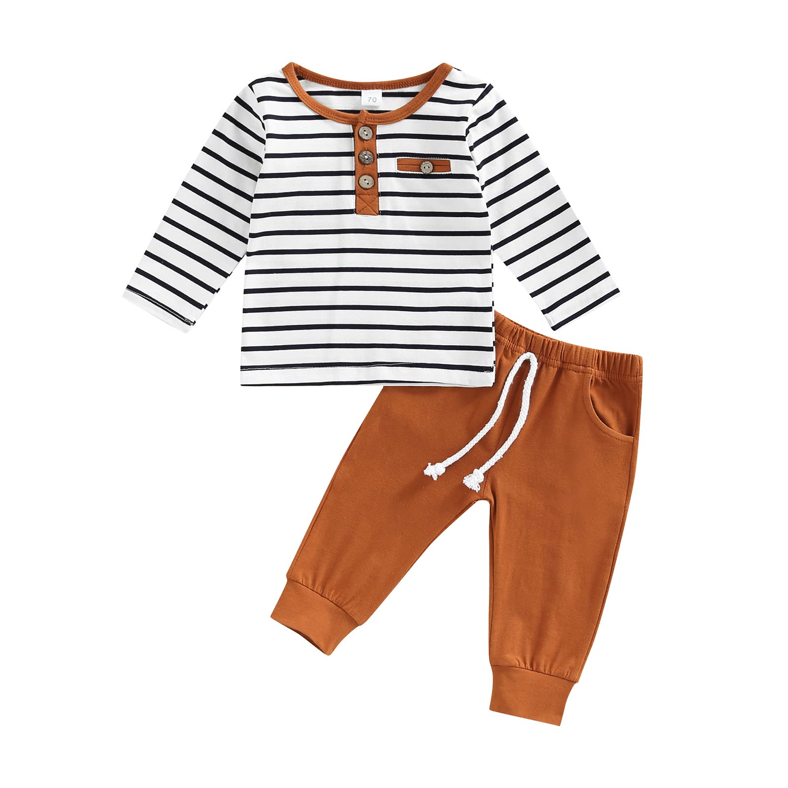 Infant Baby Boy Spring Fall Outfit Long Sleeve Striped T-Shirt Tops Solid Pants Two Piece Clothes Set (Brown, 0-6 Months)