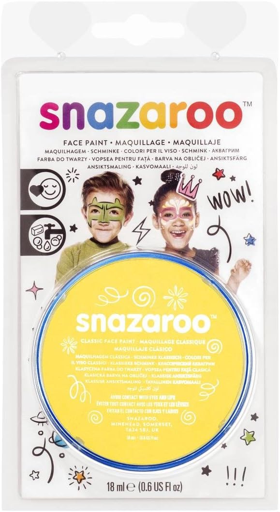 Snazaroo Classic Face and Body Paint for Kids and Adults, Blister Bright Yellow Colour, Water Based, Easily Washable, Non-Toxic, Makeup, Body Painting for Parties, for Ages 3+