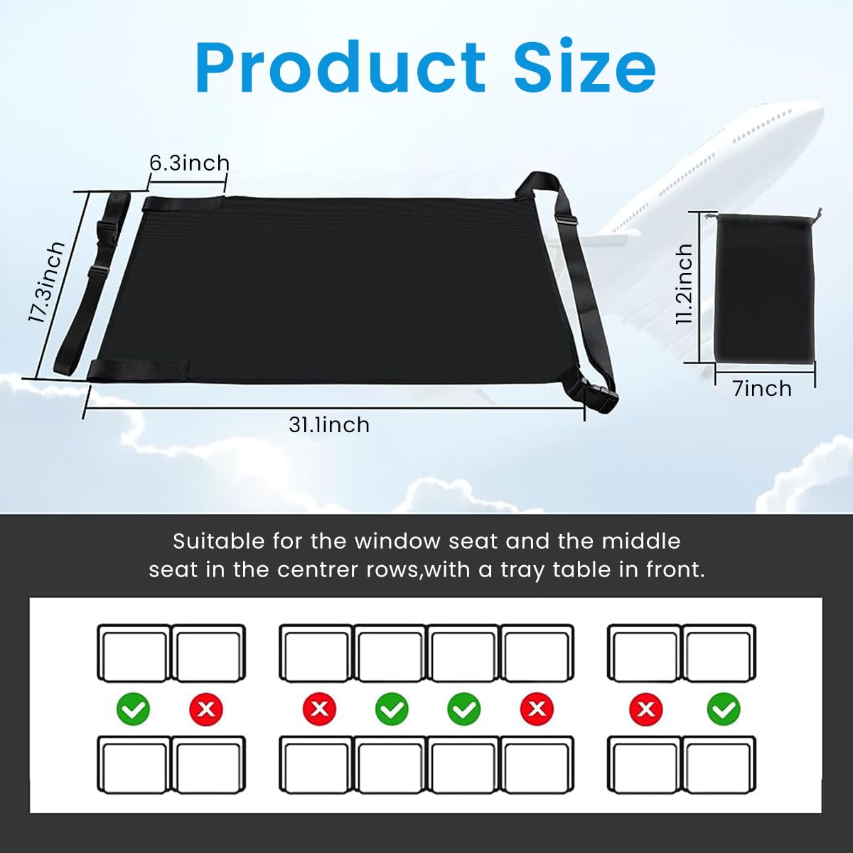 HASTHIP Airplane Seat Extender for Kids, 78 * 43cm (Black), Footrest 4