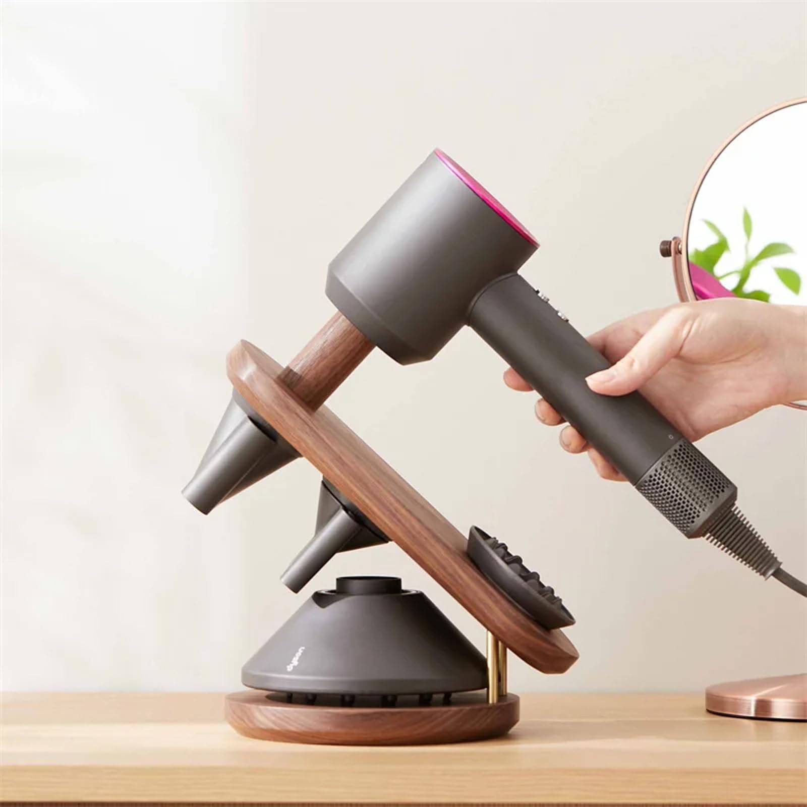 Soporte para secador de Pelo, difusor supersónico para secador de Pelo y boquillas, Organizador de Accesorios para secador de Pelo, Madera de Haya de Nogal