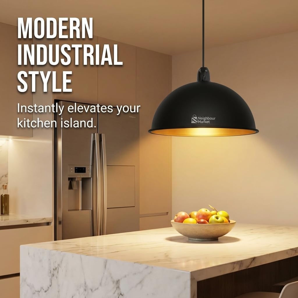 Farmhouse Black Gold Inner Metal Dome Lamp Shade 21cm Easy Fit Pendant Light Cover With Reducer Plate E26 Holder Compatible Bulb Guard for Kitchen Bedroom Hallway Cafe Indoor Lighting
