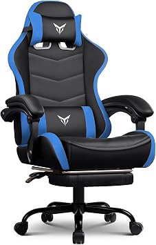 GTPLAYER Gaming Chair High Back Computer Chairs with Foot Rest for Adults, Ergonomic Height Adjustable Recliner Chair 300lbs with Linkage Armrest and Lumbar Support for Home Office, Blue