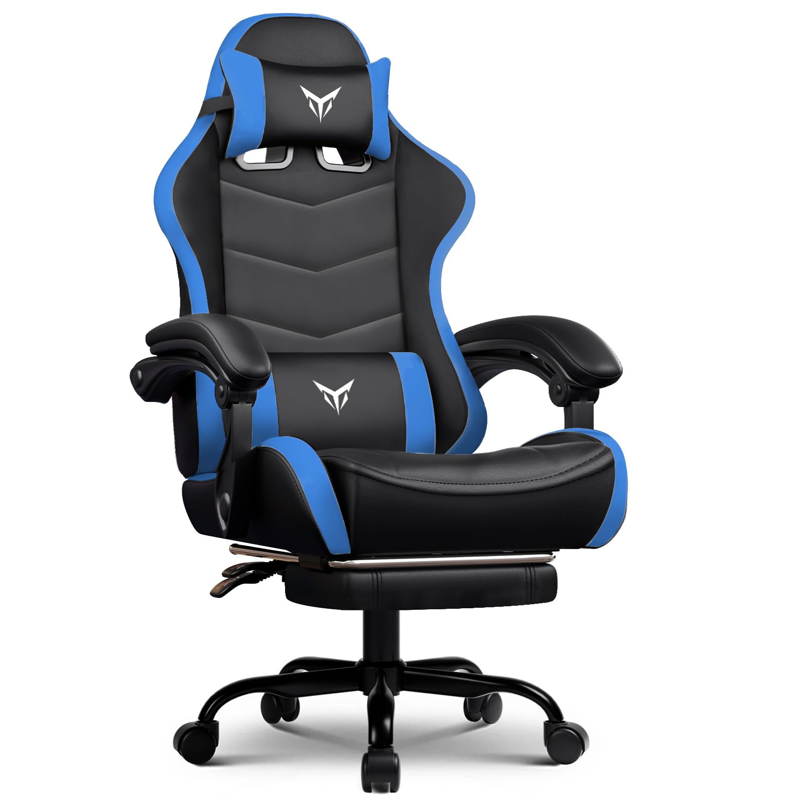 GTPLAYER Gaming Chair High Back Computer Chairs with Foot Rest for Adults, Ergonomic Height Adjustable Recliner Chair 300lbs with Linkage Armrest and Lumbar Support for Home Office, Blue