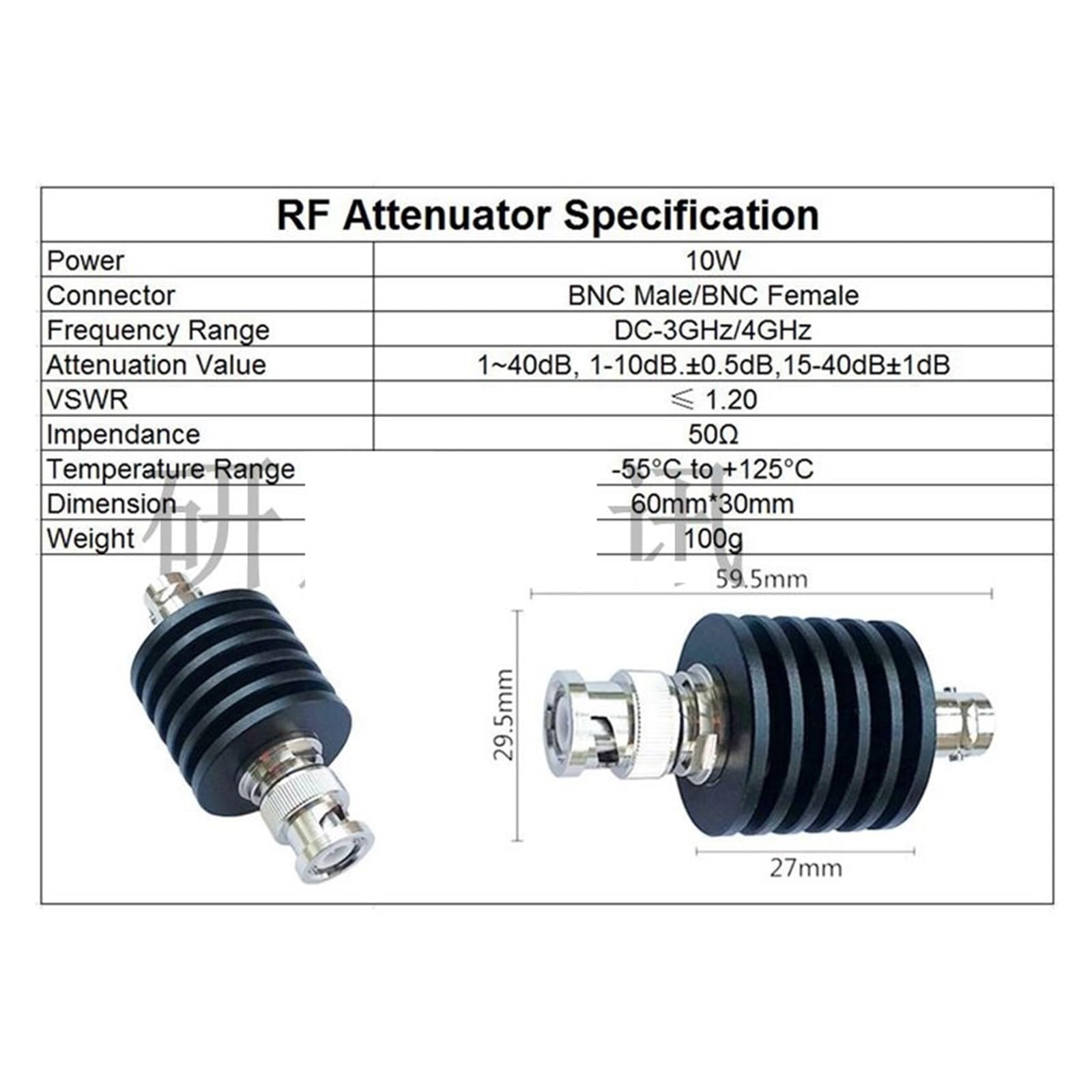 Attenuatore Attenuatore Fisso coassiale Tipo BNC da 10 W, 1-50 Db 0-4 GHz 0-3 GHz(40db 3GHZ)
