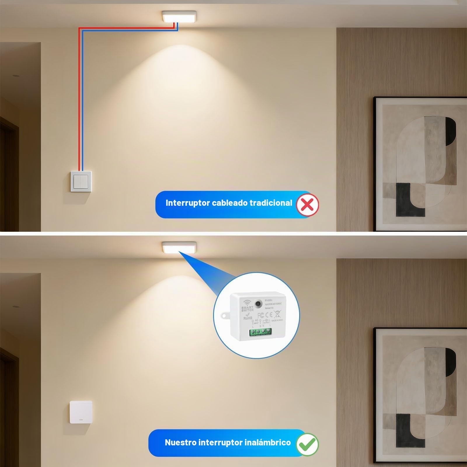 Interruptor de luz Inalámbrico Kit Interruptor Luces Inalambrico 230V Interruptor de Seguridad del Transmisor RF y Controlador Receptor 10A Alcance 50m No Requiere Cableado para Lámpara Hasta 2300W