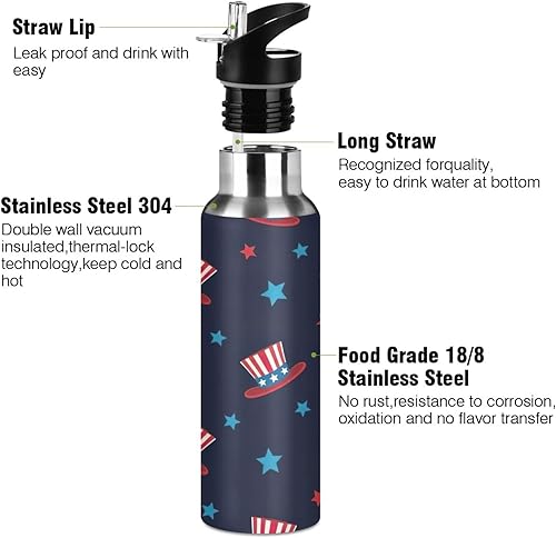 Miniatura 3 de BPA-Free Sports Water Bottle with Straw 20 Oz, Stainless Steel Water Bottle for Gym Outdoor Travel School, Cute Hats Red