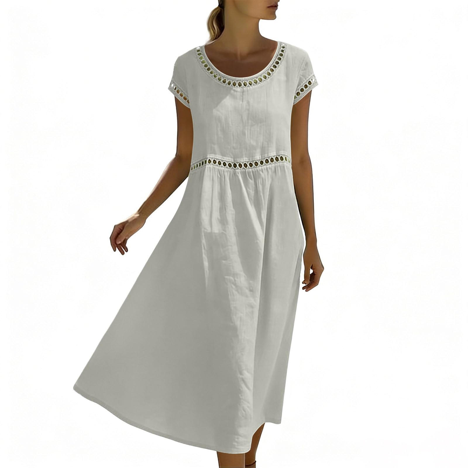 Sommerkleid Damen Lang,Kurzarm Lochstickerei Musselin Locker Kleid Sommer Strandkleid Boho Elegant Baumwolle Leinenkleid V Ausschnitt Mode Maxikleid Leicht und Luftig Freizeitkleid