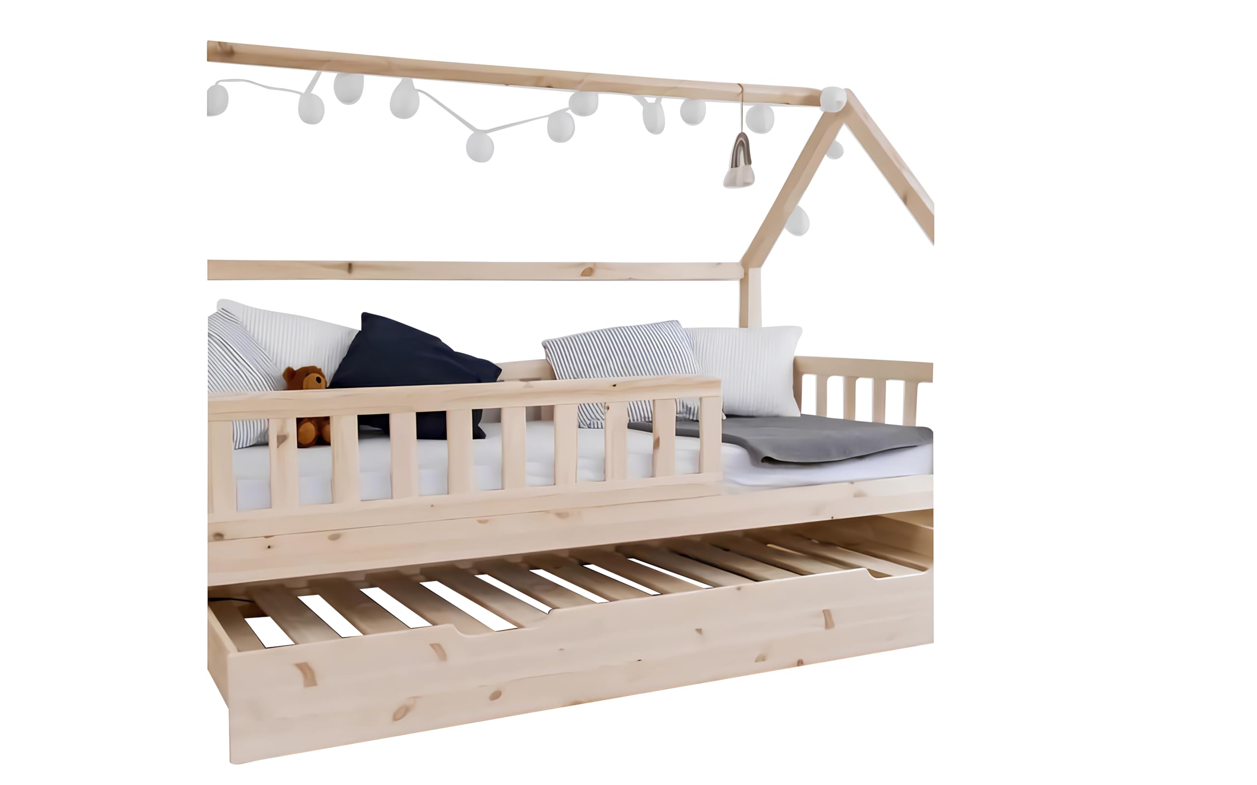 Letto Per Bambini a Forma di Casetta con Secondo Letto Estraibile - Spazio Per Dormire Extra - Versatile Per Ragazzi e Ragazze - in Legno di Pino Naturale - 90x190cm