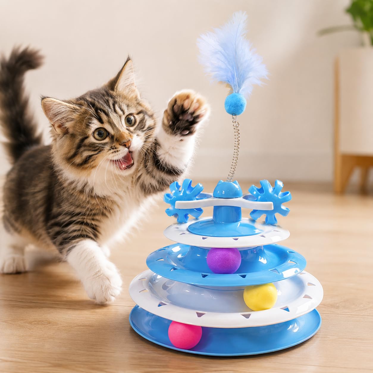 PetPals 3 Layer Tower Track Cat Toy | Interactive Cat Toy with Colourful Balls, Feather & Rattles-picture-16