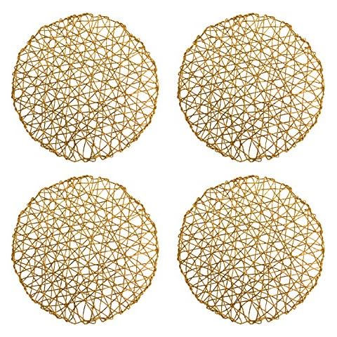 Kashi Home Holiday Decorative Placemats 15" Round Woven Metallic Foil Shining Placemats,Charger for Kitchen Table Dinner, Party Holiday Event, Table Décor - Set of 4 (Gold) Cover
