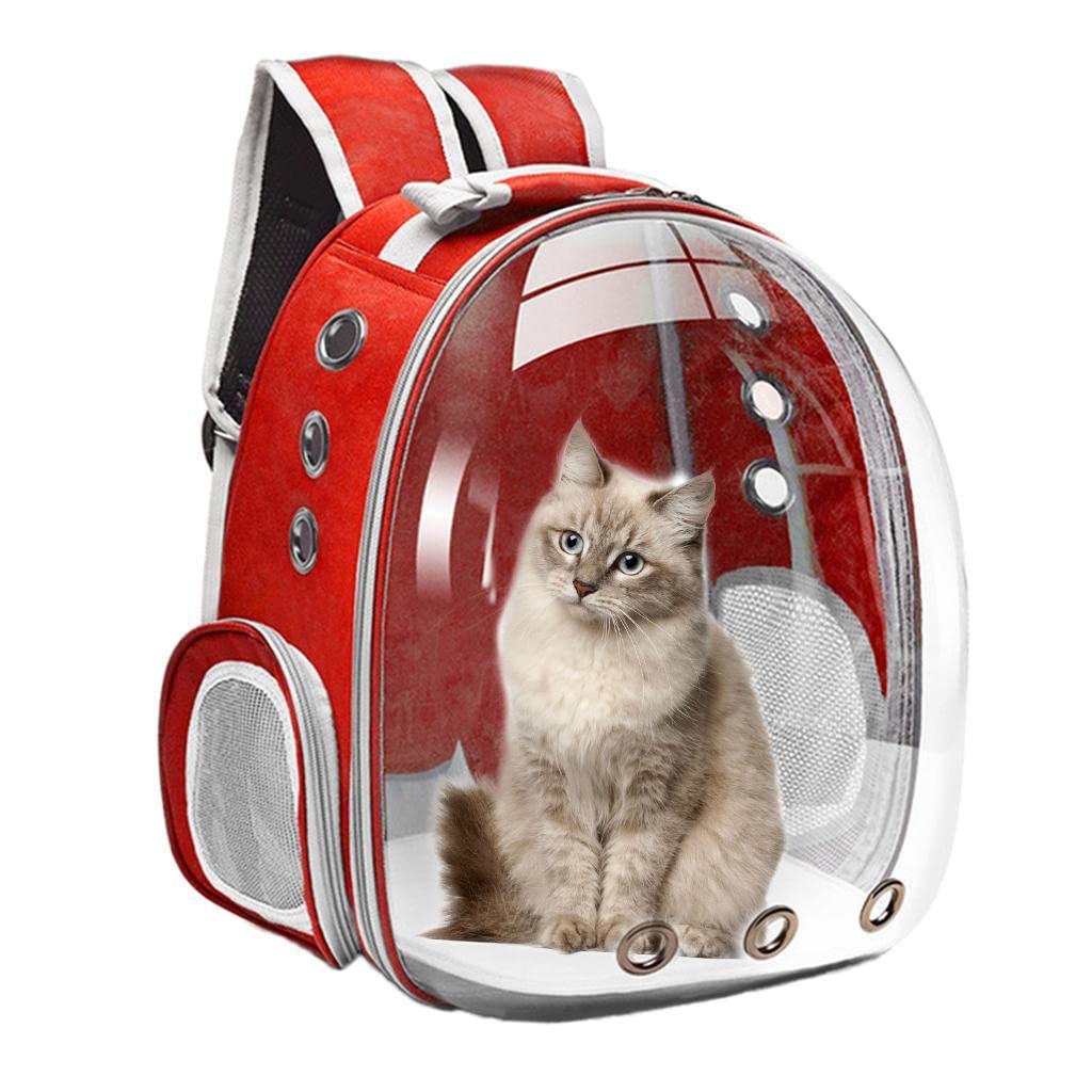 Transportadora de Mascotas Mochila para Gatos Perros Conejos Ventana Panorámica Diseño Sostenible Bolsillos Laterales Apta para Senderismo Ci, Rojo