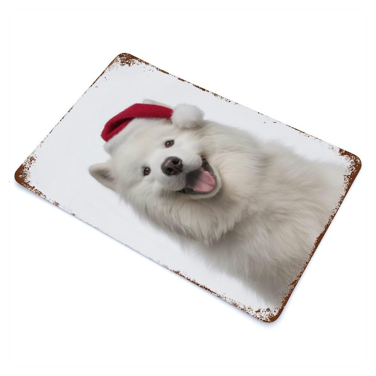 Samoyed Dog with Santa Hat Rust Effect Tin Sign 11.8"x7.9", Ideal for Farmhouse, Kitchen And Entryway Decor