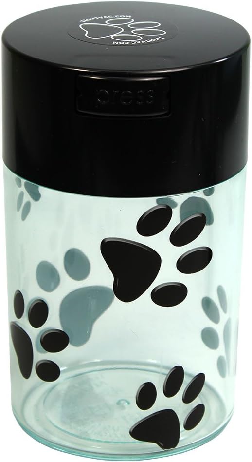 Pawvac 6 Ounce Vacuum Sealed Pet Food Storage Container; Black Cap & Clear Body/Black Paws