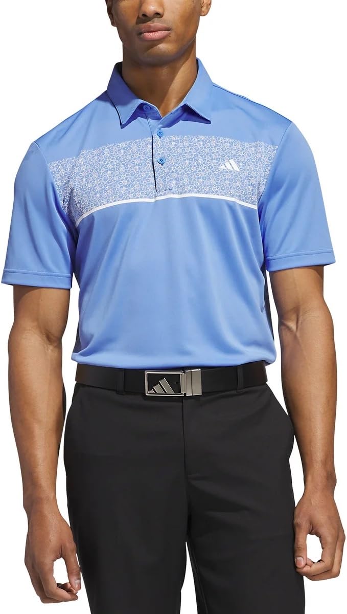 adidas Men's Stretch Short Sleeve Chest Print Golf Polo Shirt, Blue Fusion, Large