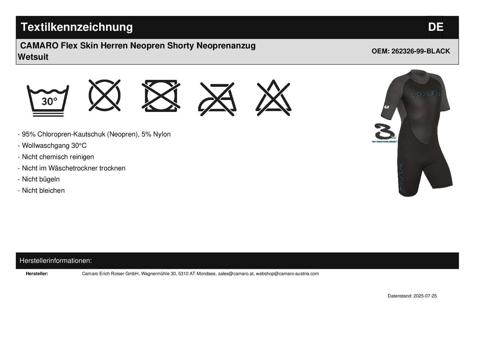 CAMARO Flex Skin Herren Neopren Shorty Neoprenanzug