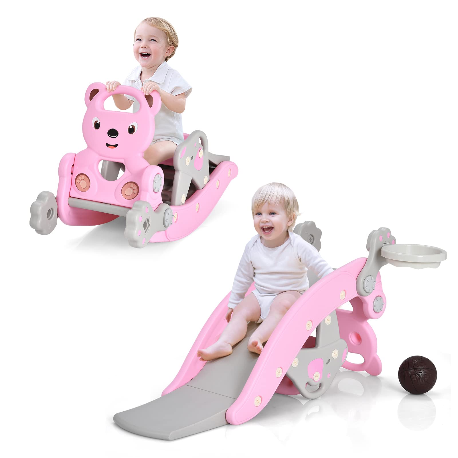 COSTWAY 4 en 1 Set Tobogán y Caballo Balancín, Tobogán Infantil Plegable con Aro de Baloncesto y Juego Lanzamiento de Anillos, Tobogán para Niños para Mecerse Escalar Deslizar (Rosa, Oso)