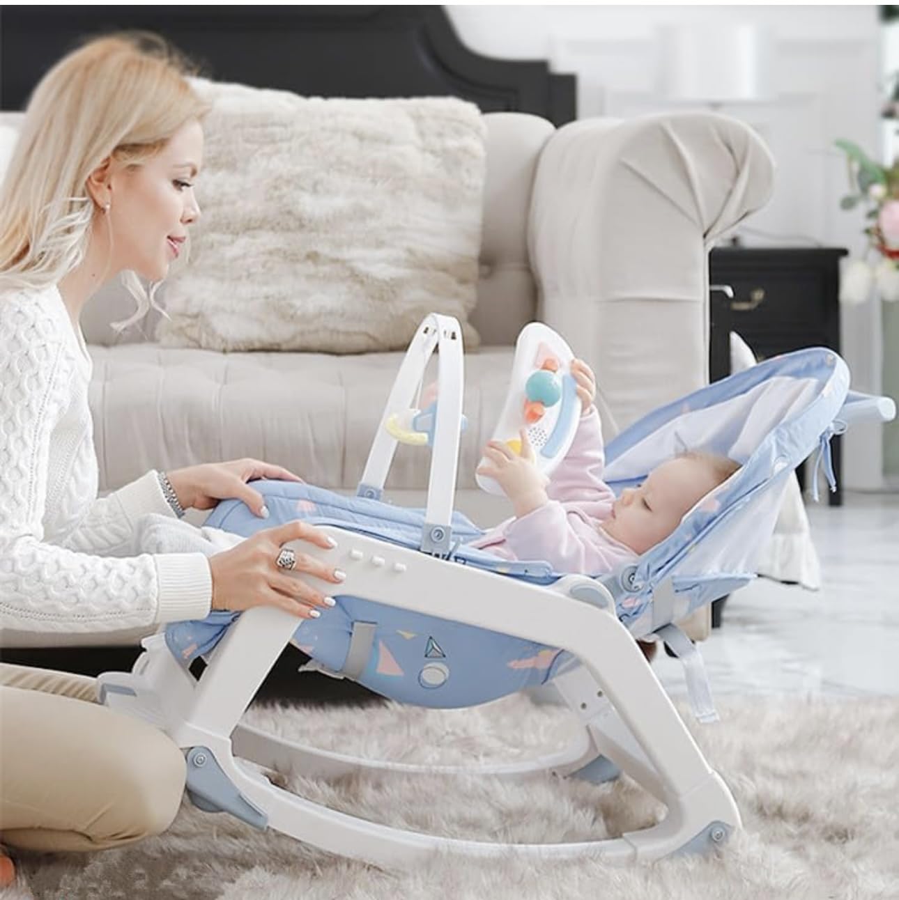 Richtots Premium 5in1 Baby Rocker and Booster Seat for Babies | Rocking Chair for Kids with Multi Position Recline, Hanging Toys & Music | Baby Dining Seat for 0 to 2 Years Boys Girls (Blue) - Image 4 thumbnail