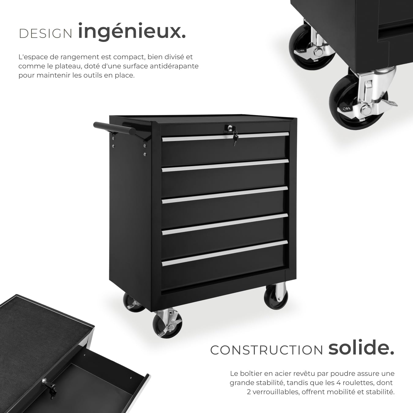 tectake® Chariot d'atelier Metallique Servante d'atelier Vide Trolley Professionnel 5 Tiroirs spacieux Verrouillables Chariot a Roulette pour Rangement Atelier Garage - Noir