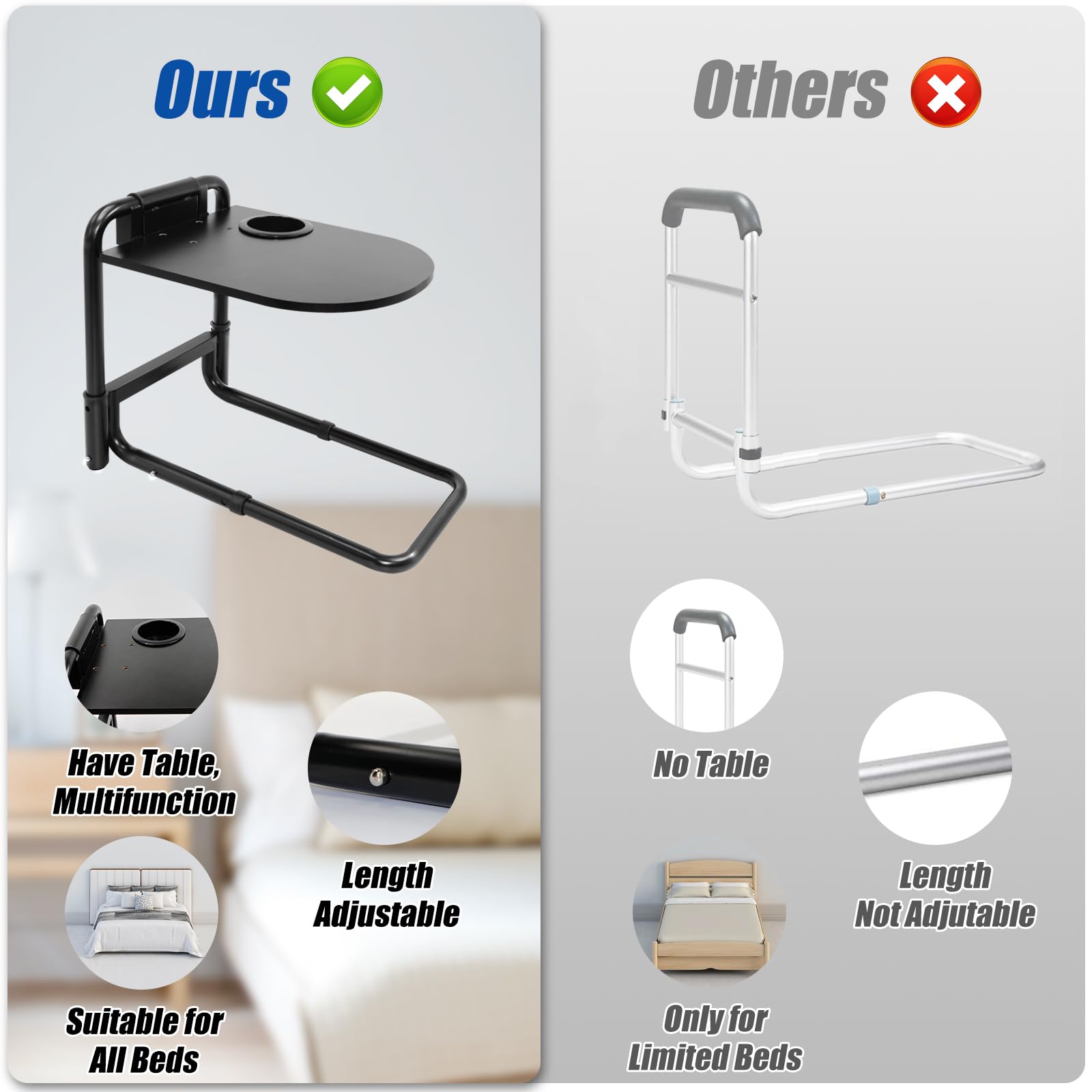 EasyVibe Bed Rails for Elderly Adults -with Foldable Table, Adjustable Bed Assist Rail, Bed Safety Rails for Seniors, Bed Handle Bedside Grab Bar for Bed