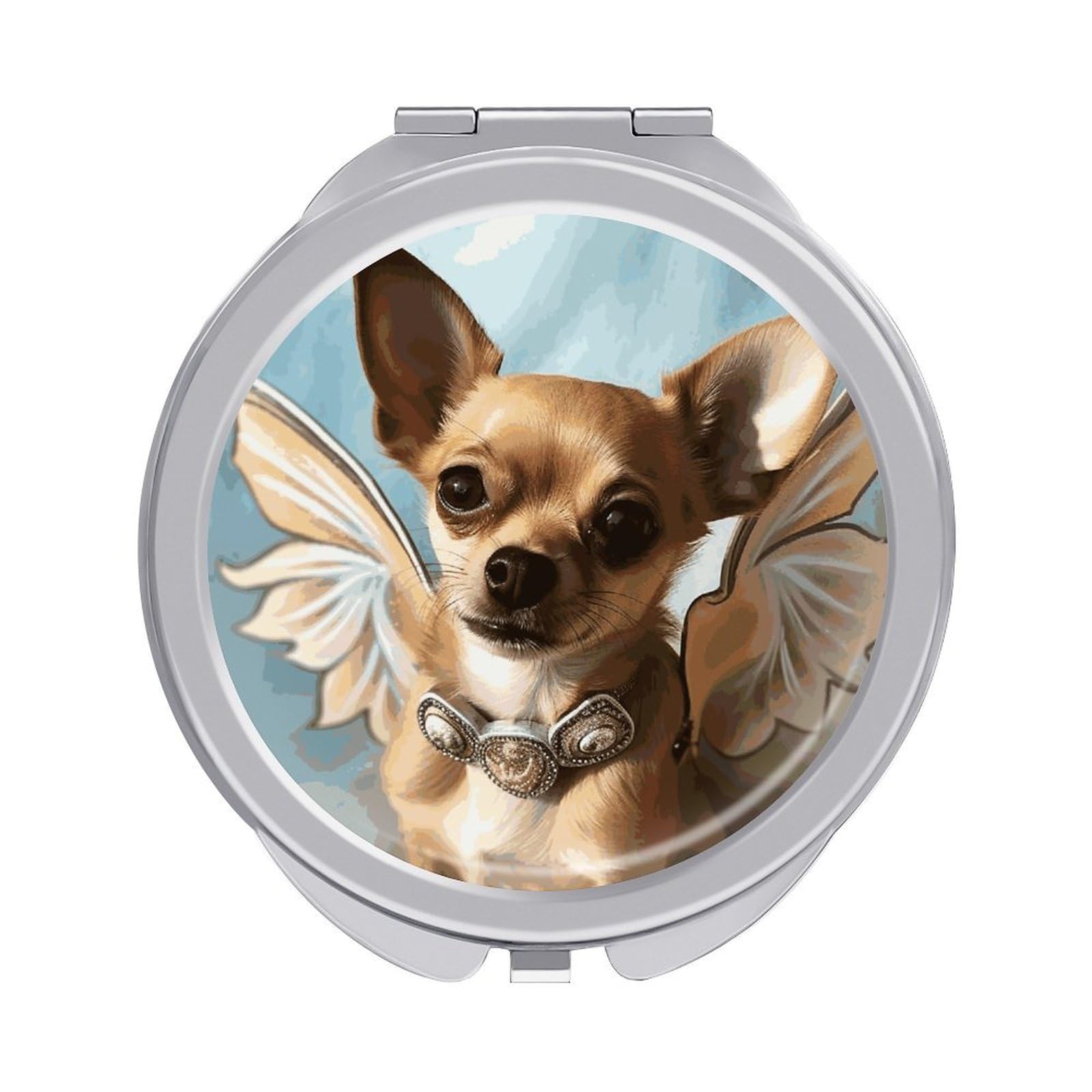 JTREHY Brown Chihuahua Angel Wings Makeup Mirror Silver Mirror Surface Folding Makeups Mirrors Lightweight Durable Looking Glass for Suitable Traveling Handbag and Purses