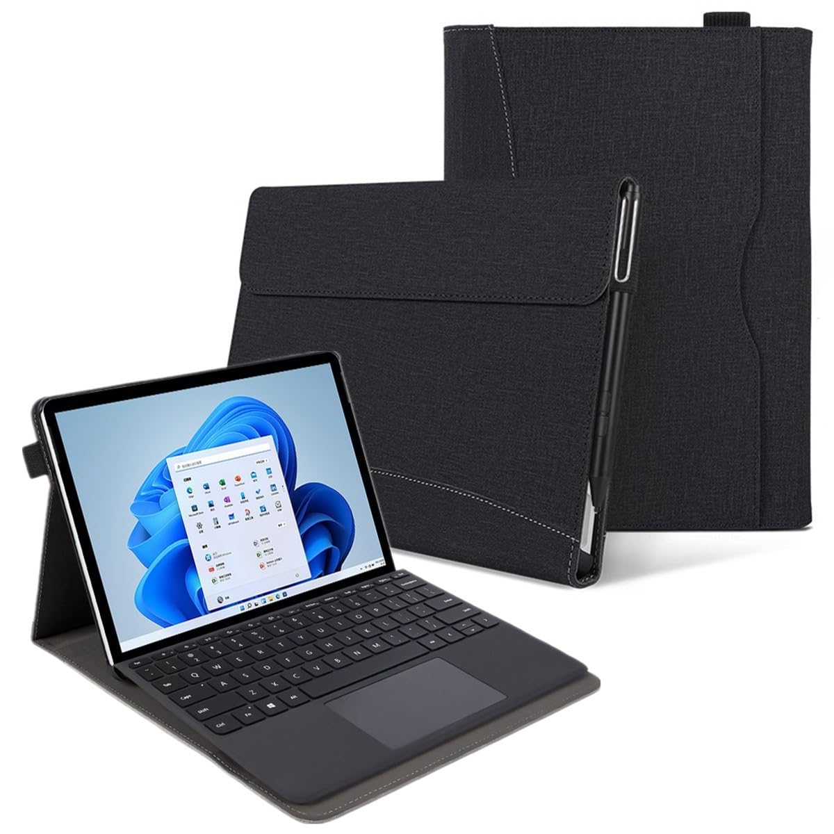 Surface Go 4/3/2/1 10.5インチ用の ケース お洒落 ツートン配色 ブック式 書類入れ ポケット付き サーフェス go 4 3 2 1 専用カバー カード収納 ペン収納 スタンド機能 キーボードを収納可能 全面保護 ビジネス 多機能,ブラック
