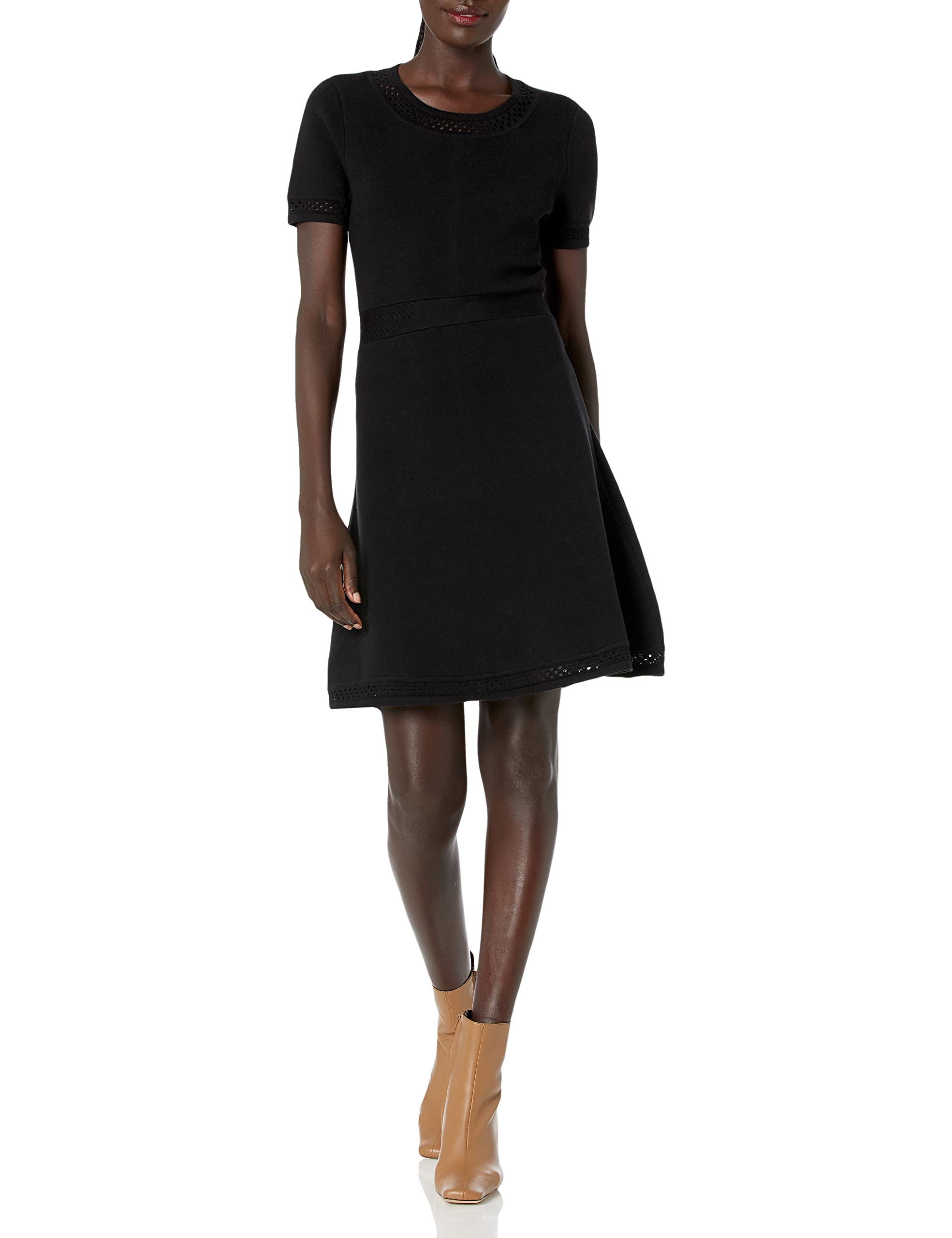 Cable Stitch Women's Fit-and-Flare Knit Dress - Crewneck Short Sleeve Midi Sweater Dress