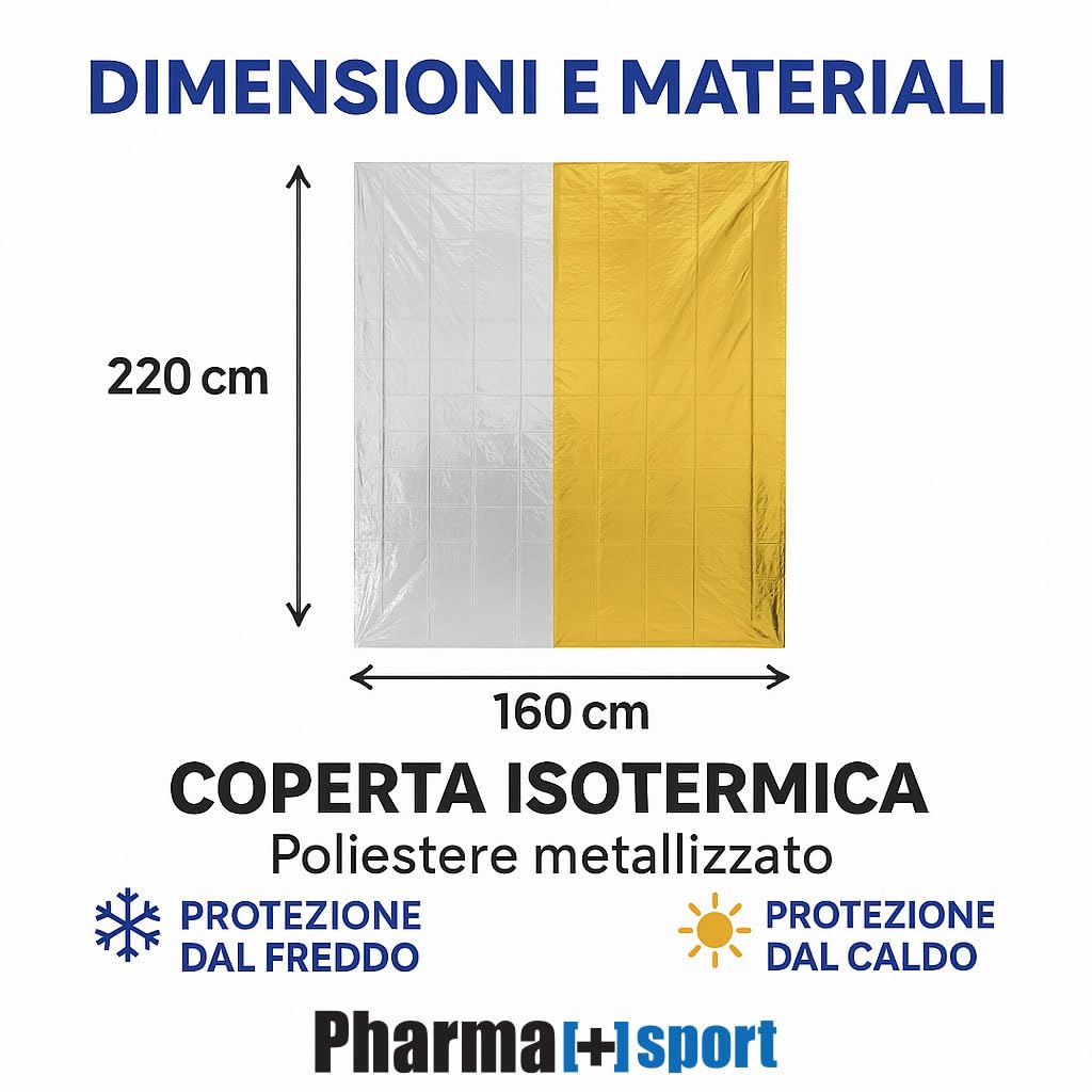 PHARMA+SPORT Coperta Termica Emergenza 160x220 cm Telo Isotermico Oro/Argento per Sopravvivenza, Primo Soccorso e Outdoor –Trattiene Calore e Protegge da Sole e Freddo (160x220 Cm, 4, Unità)