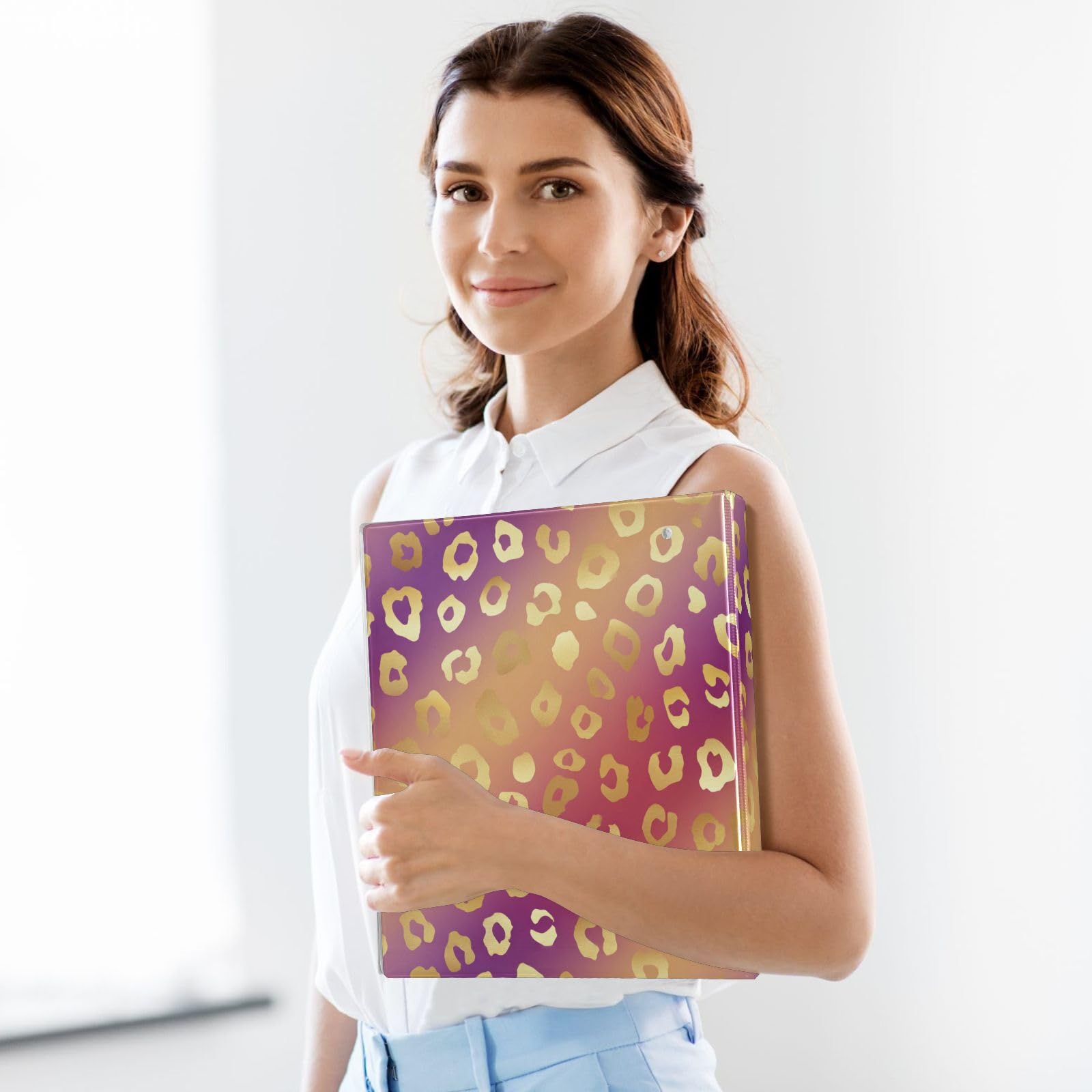 Kcldeci Raccoglitore a 3 anelli con copertina rigida, stampa leopardata arcobaleno, 3,8 cm, 200 fogli per ufficio, casa, rientro a scuola, confezione da 2