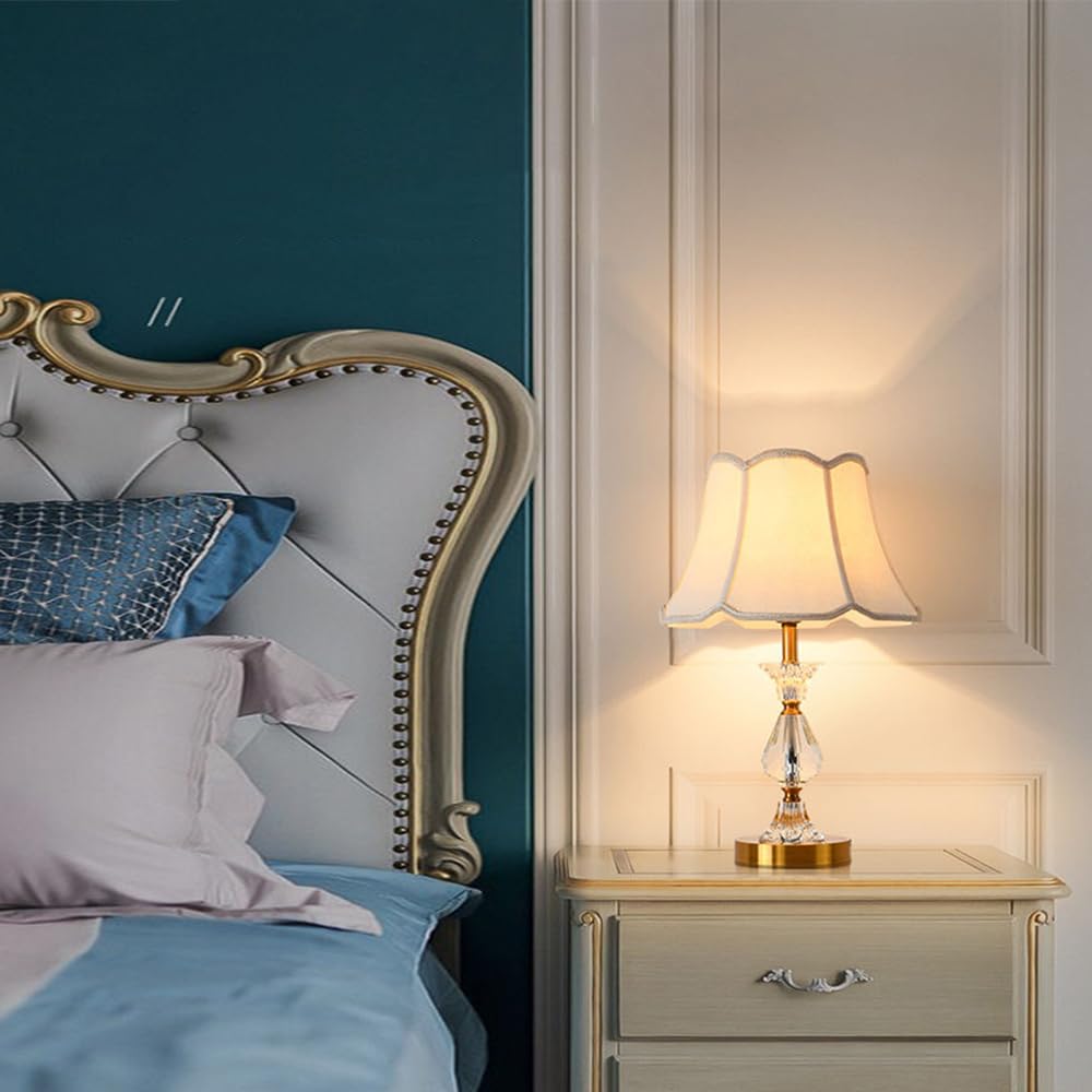 Lampara de noche, lampara de mesita de noche Blanco, E27 lampara para mesa con cristales y pantalla dorado, sobremesa Lámpara De Escritorio redondo pantalla dormitorio Sala De Estar Hotel estudio