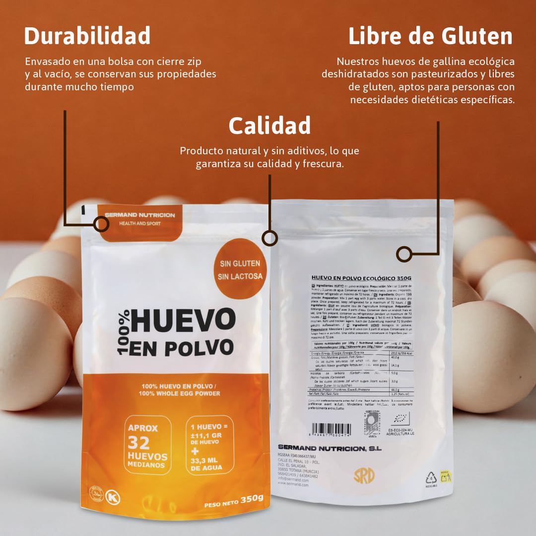 Bio-Eipulver (350 g) | Ökologische Eier | Getrocknetes Ei | Ohne Zusatzstoffe | Laktosefrei | Glutenfrei | Im wiederverschließbaren Zip-Beutel