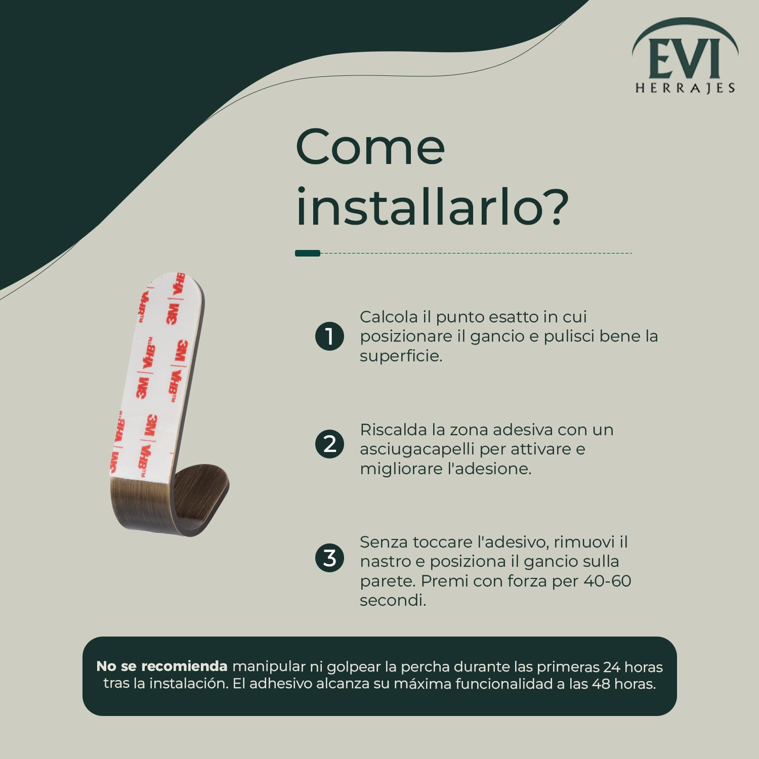 EVI Herrajes | Appendiabiti a forma di gancio da parete in ottone, finitura in pelle invecchiata | Installazione adesiva | Per appendere vestiti, asciugamani o accessoris | Mod. 173ADLCU