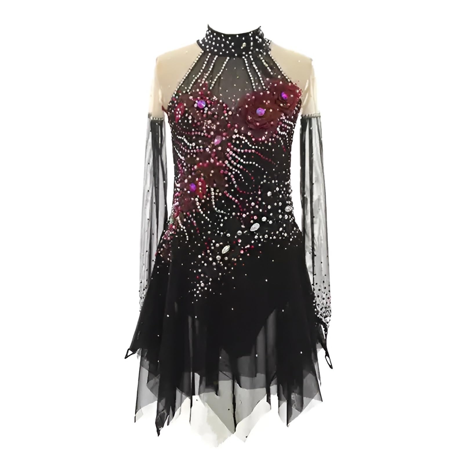 Girls' High Elasticity Figure Skating Dress, Women's Competition Ice Skating Dress with Diamonds, Customizable(XL) Black