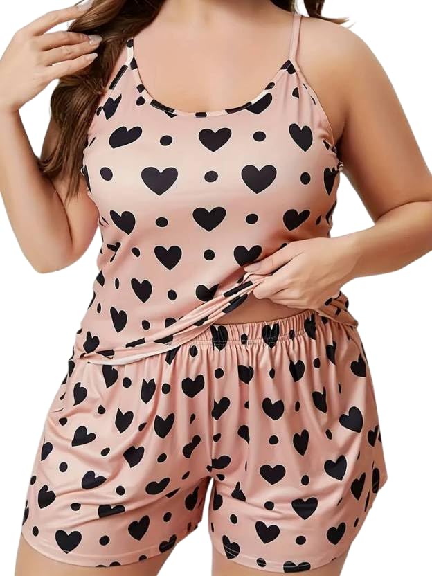 Plus Size Cami Top and Shorts Set, Heart Print, Pink and Black, Sleeveless, Spaghetti Strap, Sleepwear-image-21
