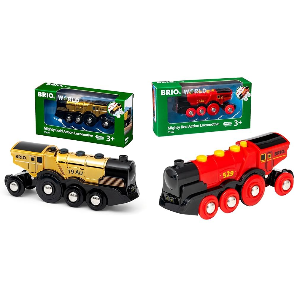 BRIO World 33630 - Goldene Batterielok mit Licht und Sound & World 33592 Rote Lola elektrische Lok - Batterie-Lokomotive mit Licht & Sound