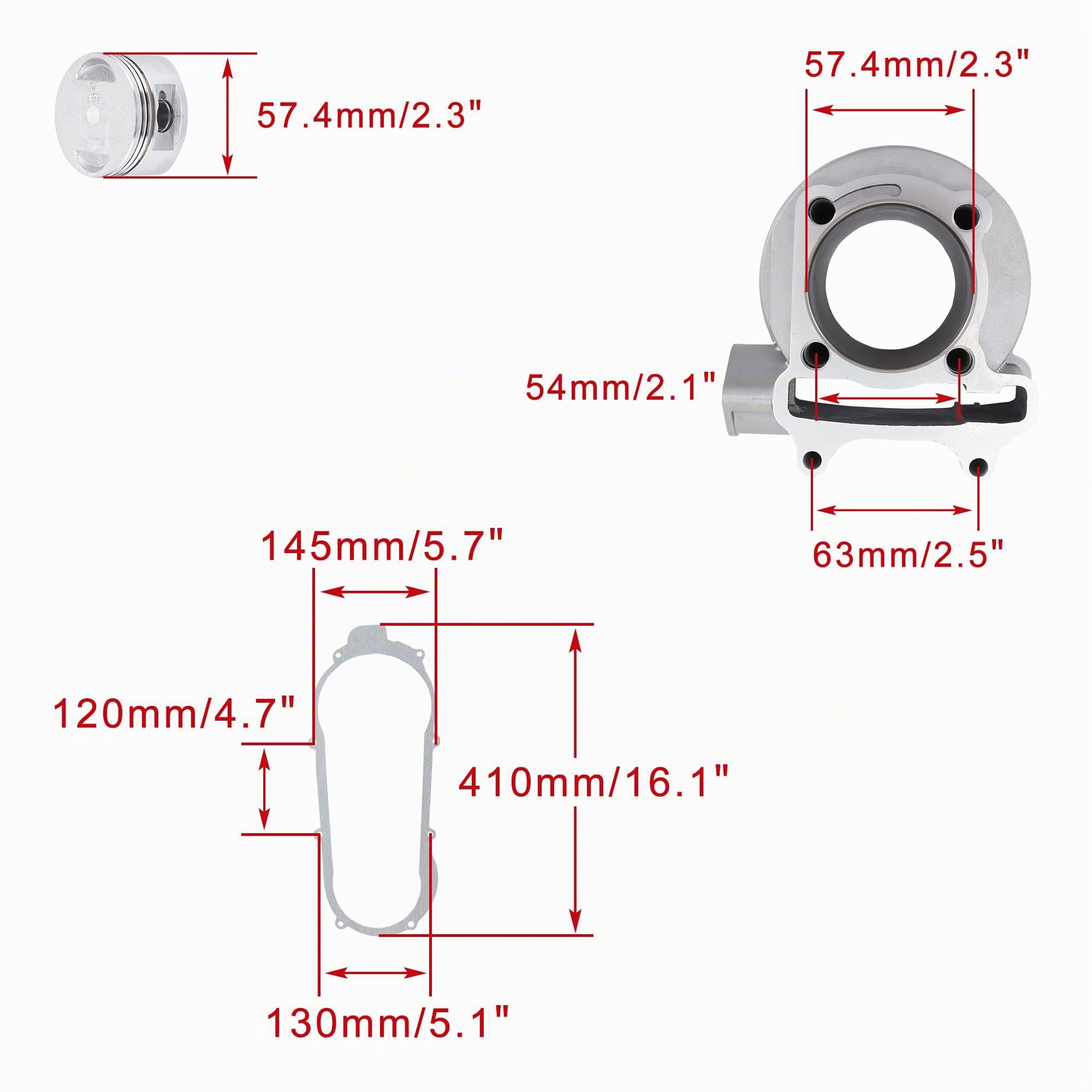 WOOSTAR 57.4mm Big Bore Completa Cilindro e Testata con Kit Pistone con Guarnizioni Sostituzione per 4 Tempi GY6 150cc 157QMJ 152QMI Motore Cinese ATV Quad Scooter Go Kart