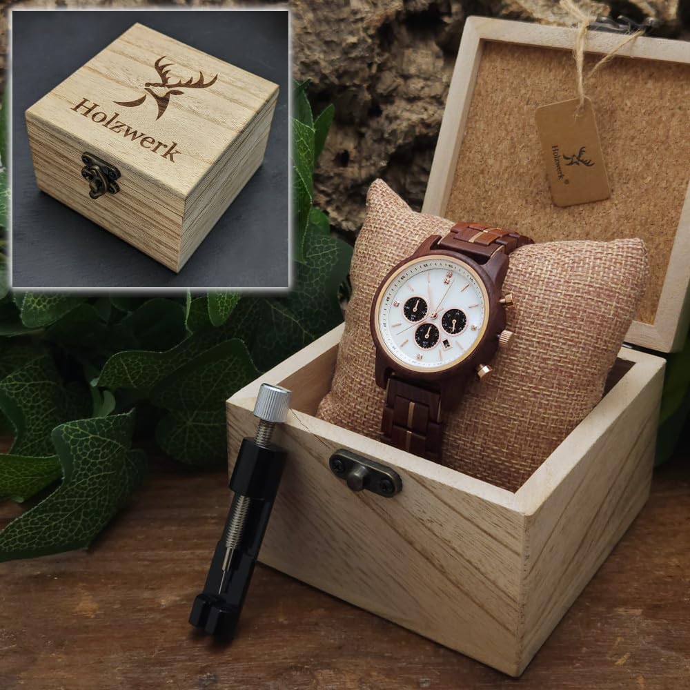 Holzwerk Germany Ręcznie wykonany designerski zegarek damski ekologiczny naturalny drewniany zegarek chronograf bransoletka zegarek analogowy zegarek kwarcowy brązowy złoty masa perłowa biała data