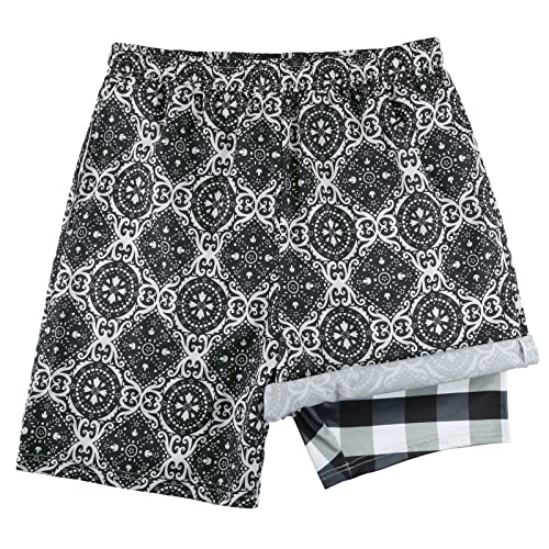 Men's Swim Trunks Quick Dry Swimwear Printed Beach Shorts with Compression Liner Zipper Pocket