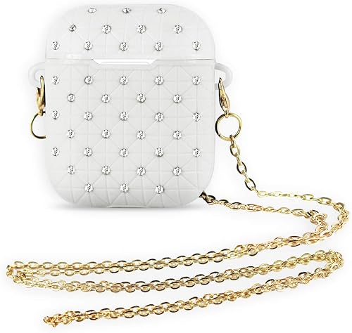 Funda compatible con AirPods Diamond Case con correa y cadena de silicona linda funda protectora de piel para Apple Airpod Case 2 y 1, color blanco