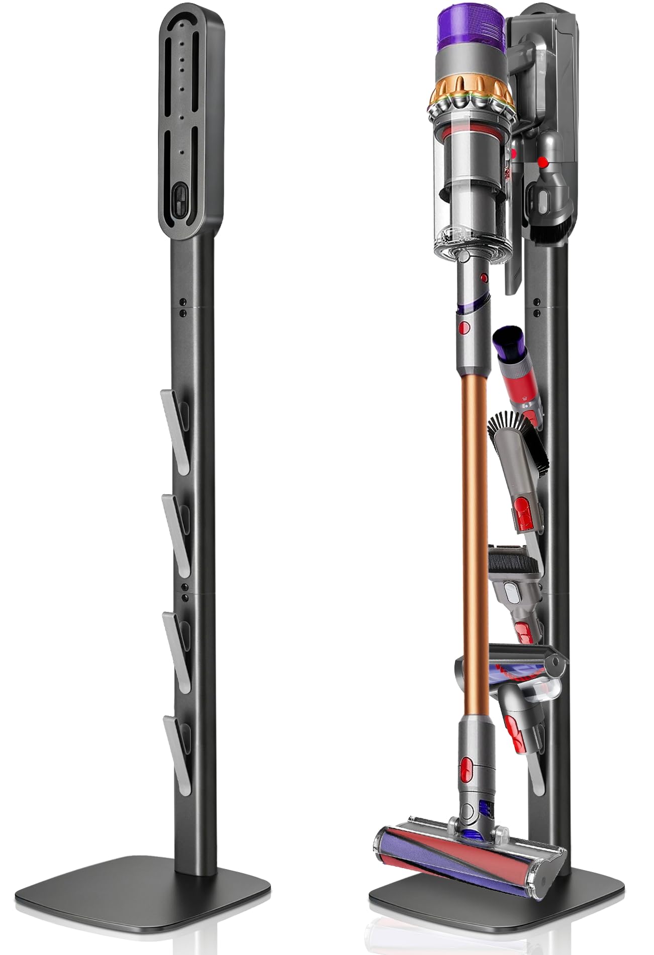 Soporte para aspiradora, compatible con Dyson Gen5, V15, V12, V11, V10, V8, V7, V6, soporte de suelo de metal con 4 ganchos, base estable, soporte sin taladros para almacenamiento de accesorios | Soporte de suelo de metal con 4 ganchos, sin taladrar, tamb