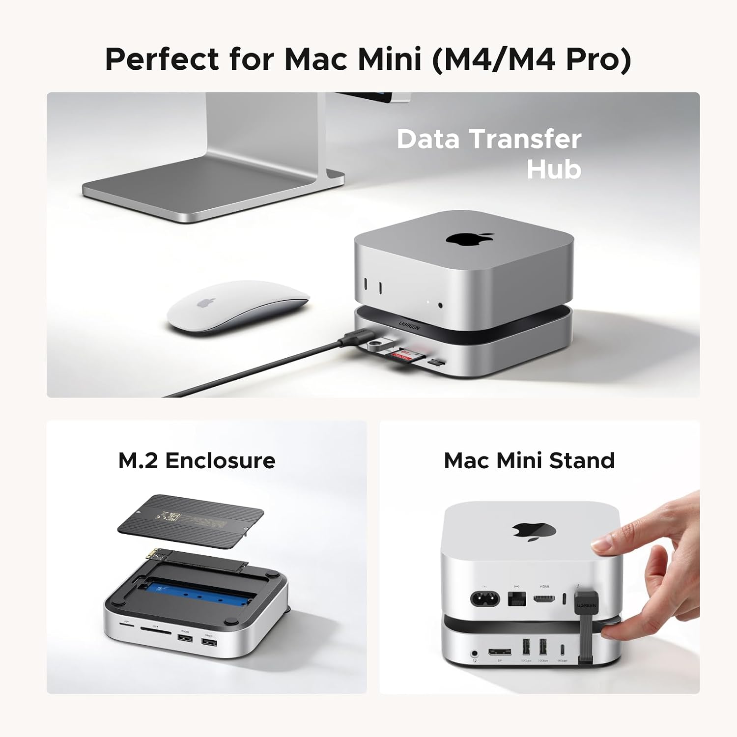 UGREEN Mac mini M4 Dock and Stand DP Hub for Mac mini M4 and M4 Pro 2024 with M.2 NVMe SSD Enclosure, 4K144Hz DP,10G USB A/C, SD/TF, Audio